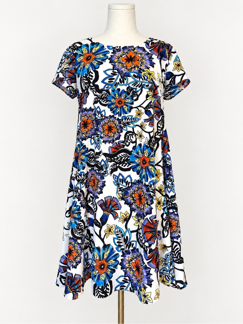 Betsey Johnson Floral Shift Dress Size 4 Ivory Blue Orange Lined Short Sleeve